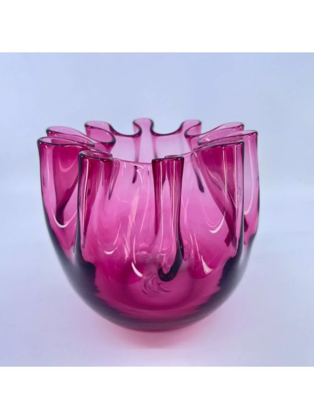 vintage pilgrim handblown art glass cranberry pink vase with ruffled edge design